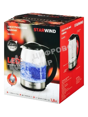 Чайник электрический Starwind SKG2051 1.8 л, 1800 Вт, черный/серебристый (корпус: стекло)
