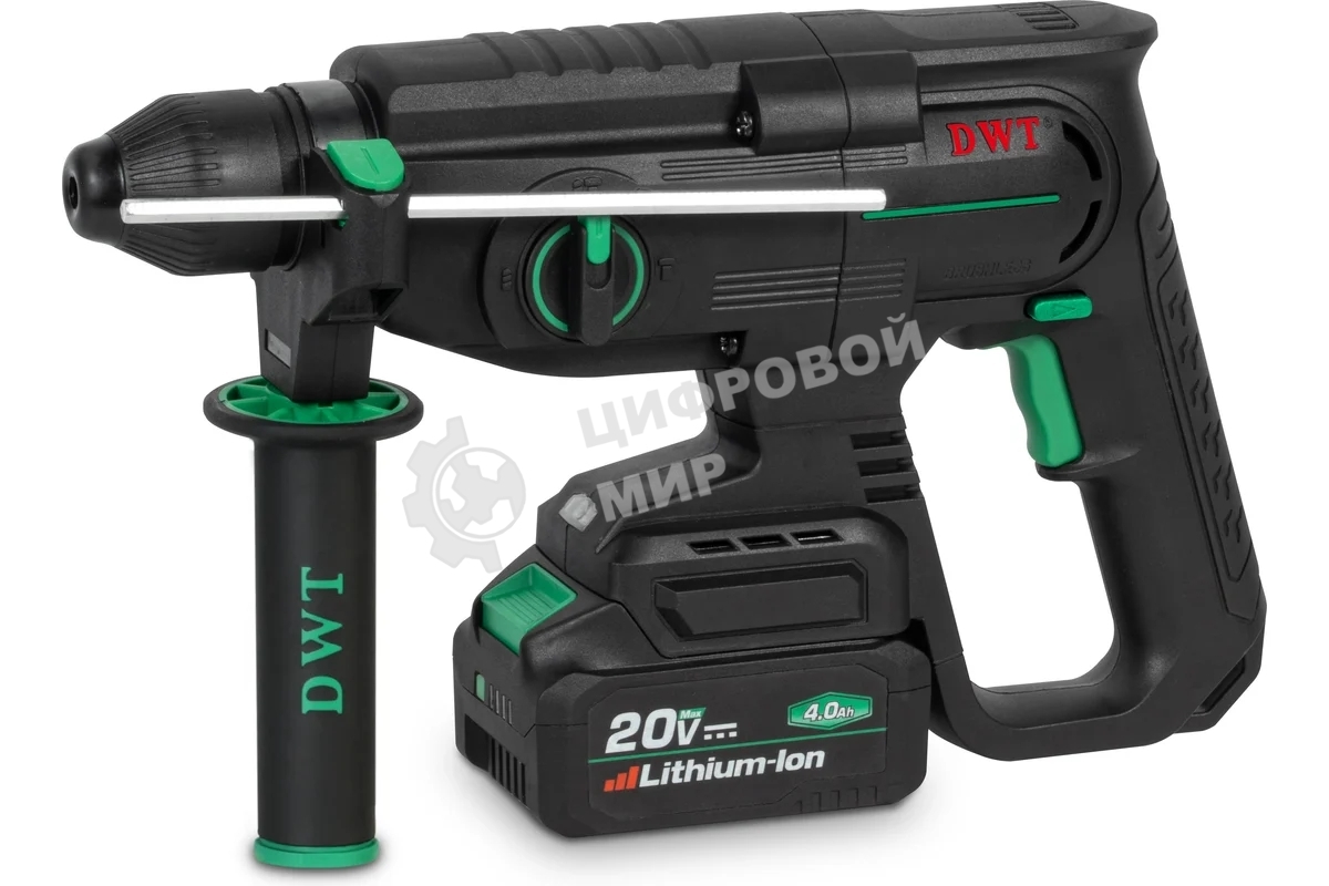 Перфоратор аккумуляторный DWT ABHP-20-26D-4C2 BMC/20В/2.8 Дж/до 5300 уд.в мин/до 1200 об.в мин/SDS-Plus/бесщеточный мотор/плавный пуск/реверс/LED-подсветка/2 АКБ, 4 А·ч/ЗУ/кейс/черный (ABHP-20-26D-4C2 BMC)