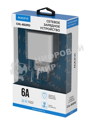 Сетевое зарядное устройство Maxvi CHL-602PD 30W, 6A, QC 3.0, 1xUSB-A, 1xUSB-C, белый
