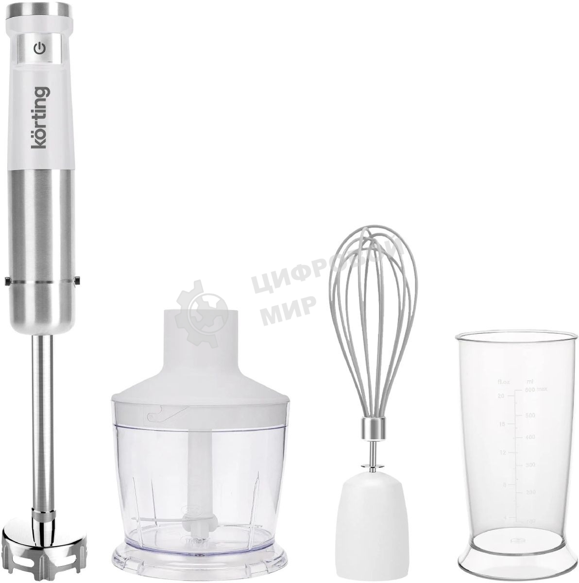 Погружной блендер Korting KHB 0313 W, беспроводной, мощность 150 Вт, кнопочное управление, 3 насадки (блендер, измельчитель, миксер), 5 скоростей, объем чаши 500 мл, защита двигателя от перегрева/перегрузки, цвет белый