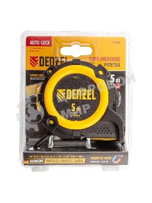 Рулетка Denzel 5 м х 32 мм, автоматич. фиксац., нейлон. покрытие, магнит. зацеп, двухстор. разметка