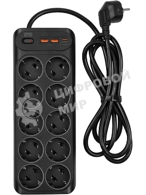 Сетевой фильтр Powercom SP-10 USB2A1СB 3,0 м 3.0м (10 розеток) черный, коробка