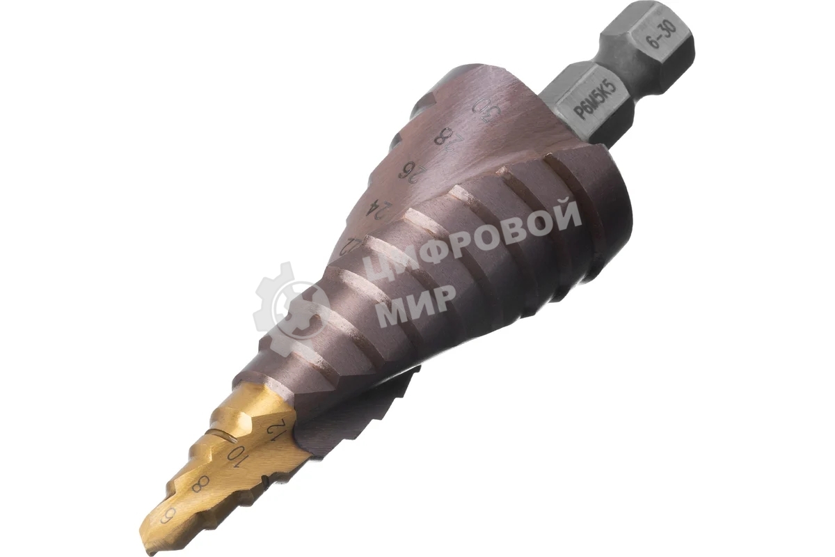 Сверло ступенчатое Denzel 6-8-10-12-14-16-18-20-22-24-26-28-30 мм, Р6М5К5, 6-гр. хвостовик