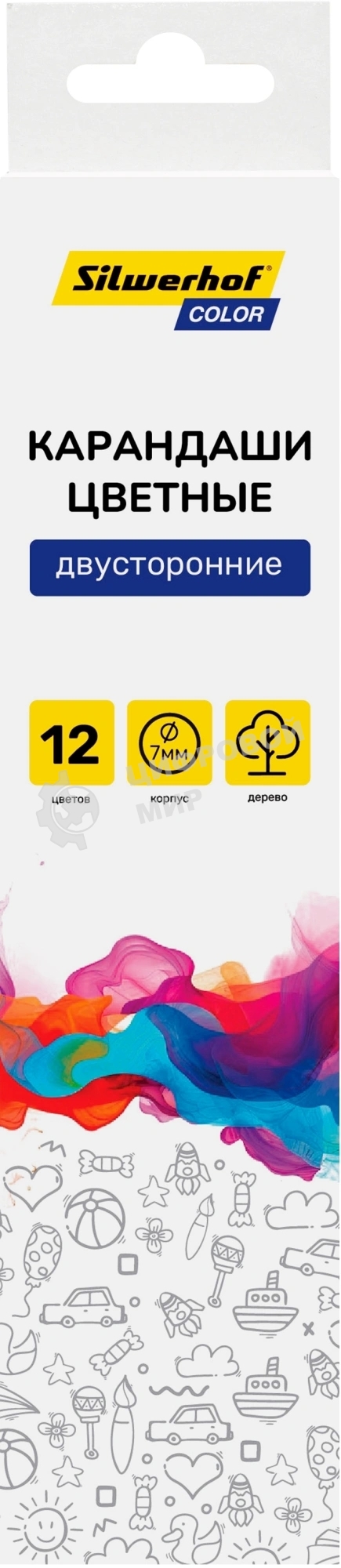 Карандаши цветные Silwerhof Color двухцветные 2.8м м, круглый профиль, дерево, ассорти, 12 цветов, коробка с европодвесом (6 шт)