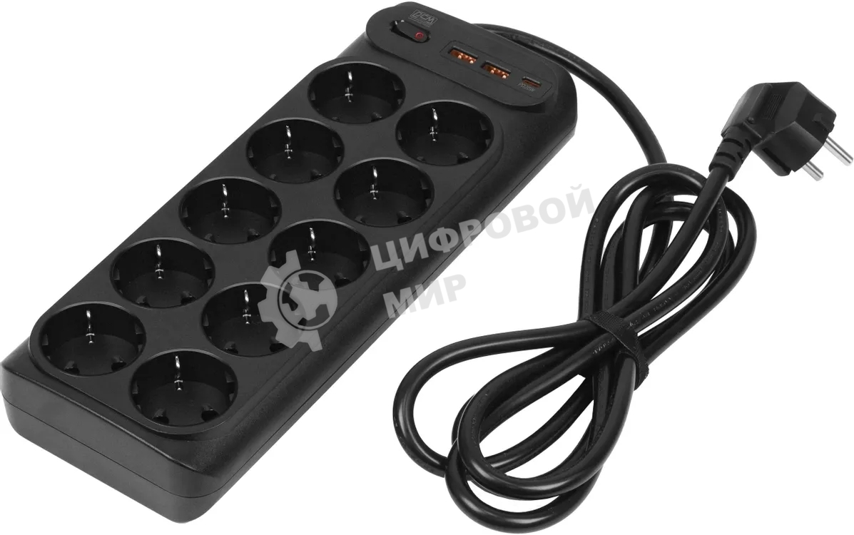 Сетевой фильтр Powercom SP-10 USB2A1СB 1.8 м 1.8м (10 розеток) черный, коробка