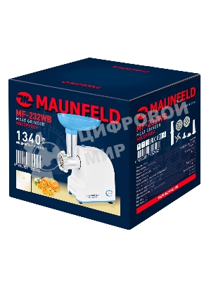Мясорубка электрическая Maunfeld MF-232WB голубой, 1340 Вт, 1.3 кг/мин, реверс, насадки - 4