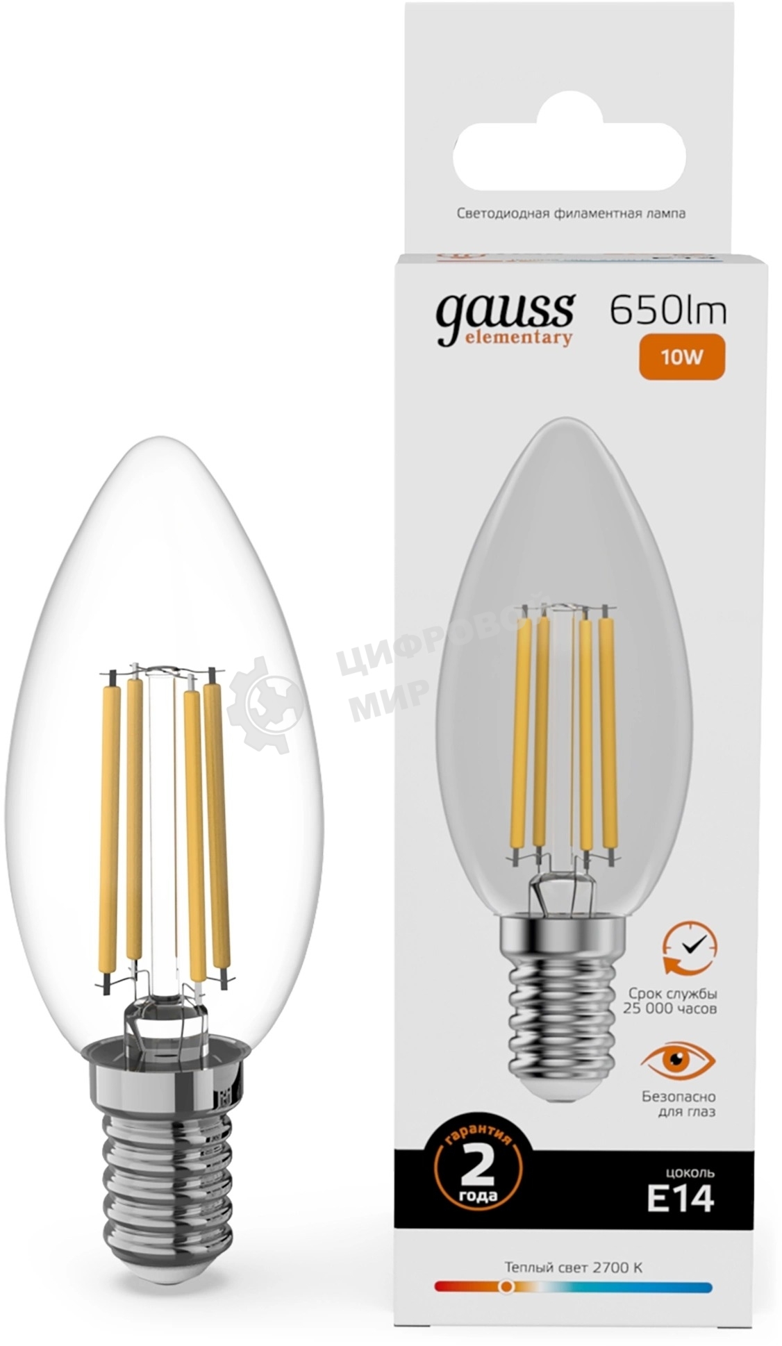 Лампа светодиодная филаментная Gauss Filament 10Вт цок.: E14 свеча св. свеч. бел. теп. (упак.: 10 шт)
