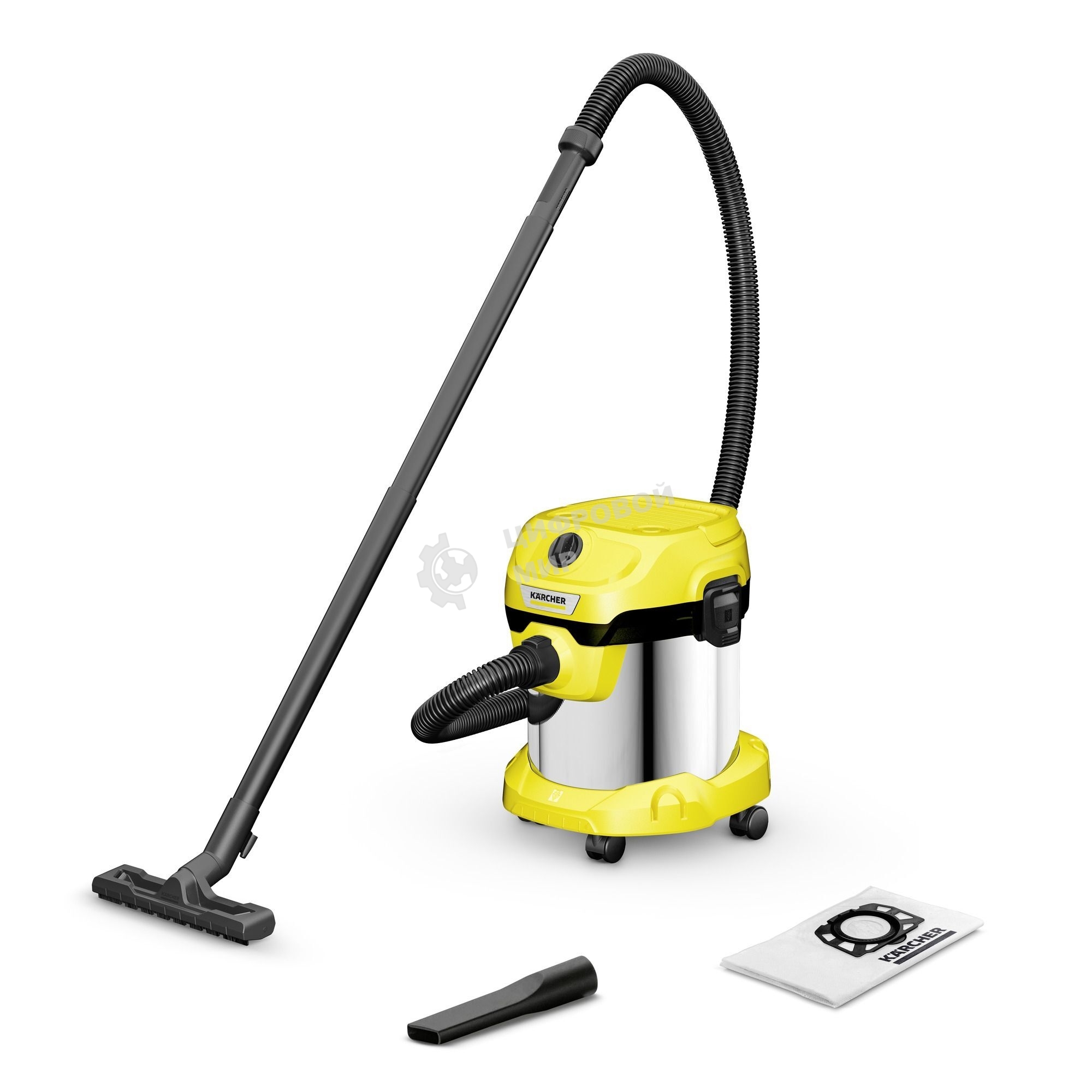 Строительный пылесос Karcher WD 2 Plus S V-15/4/18 желтый, 1000 Вт, уборка сухая/сбор воды, пылесборник мешок/контейнер, 15 л