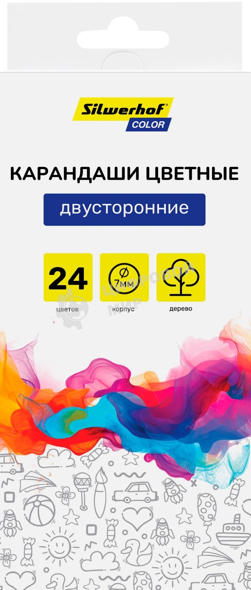 Карандаши цветные Silwerhof Color, двухцветные, 2.8мм, круглый профиль, дерево, ассорти, 24 цвета, коробка с европодвесом (12шт)