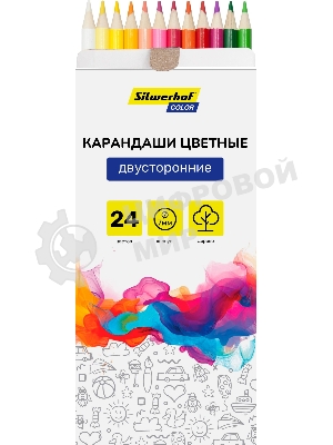 Карандаши цветные Silwerhof Color, двухцветные, 2.8мм, круглый профиль, дерево, ассорти, 24 цвета, коробка с европодвесом (12шт)
