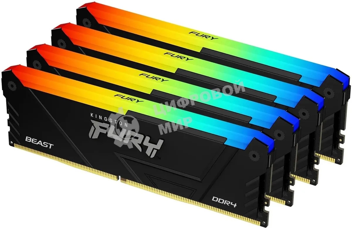 Оперативная память Kingston Fury Beast, DDR4, 64Gb (4x16Gb), 3200MHz, CL16, DIMM, с радиатором, RGB, черный