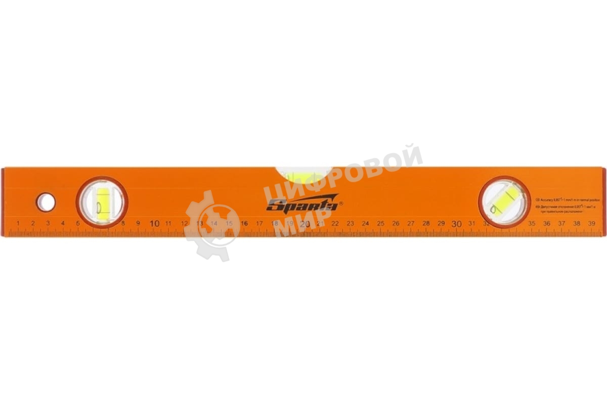 Уровень алюминиевый Sparta 400 мм, 3 глазка, желтый, линейка