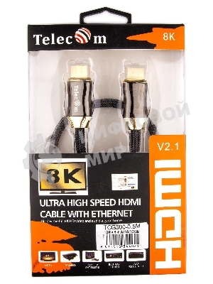 Кабель HDMI 19M/M,ver. 2.1, 8K@60 Hz 0.5m метал разъемы, нейлоновая оплетка Telecom TCG300-0.5M Кабель HDMI 19M/M,ver. 2.1, 8K@60 Hz 0.5m метал разъемы, нейлоновая оплетка Telecom