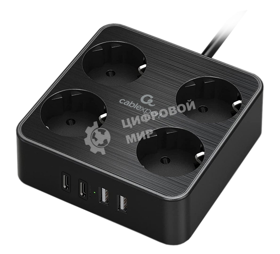 Сетевой фильтр Cablexpert Plate, PLT-4-C2U2-B-3, 4р, 10А, 2xType-C PD, 20Вт, 2xUSB, 2.4A, 3 м, ур. защиты 4+, черный, коробка