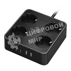 Сетевой фильтр Cablexpert Plate, PLT-4-C2U2-B-3, 4р, 10А, 2xType-C PD, 20Вт, 2xUSB, 2.4A, 3 м, ур. защиты 4+, черный, коробка