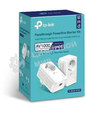 Сетевой адаптер TP-Link AV1000 Gigabit Passthrough Powerline Starter KitSPEED: 1000 Mbps PowerlineSPEC: Broadcom CPU, HomePlug AV2, 1+1 Gigabit PortFEATURE: Plug and Play, tpPLC Utility, Pair for More Security, Extra Power SocketKIT: 2× TL-PA7017P