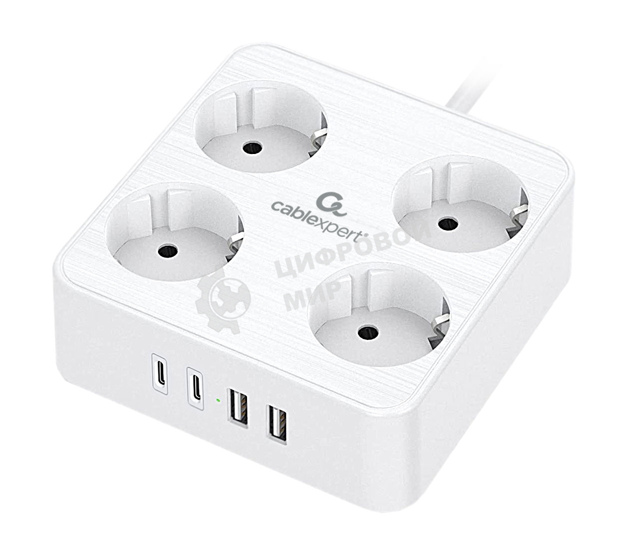 Сетевой фильтр Cablexpert Plate, PLT-4-C2U2-W-3, 4р, 10А, 2xType-C PD, 20Вт, 2xUSB, 2.4A, 3 м, ур. защиты 4+, белый, коробка