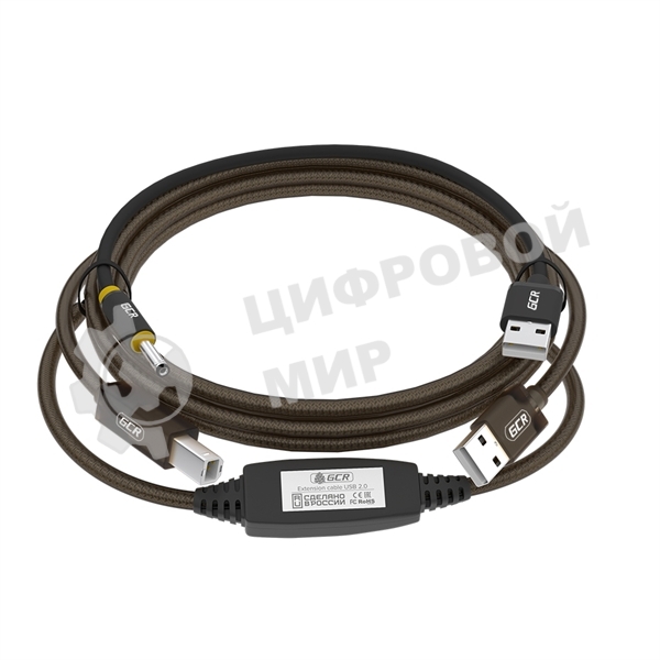 Кабель активный GCR 5.0m USB 2.0, AM/BM, черно-прозрачный, с усилителем сигнала, разъем для доп.питания, 28/24 AWG