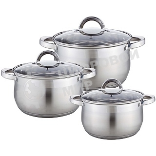 Набор посуды WEBBER BE-617/6 из нерж.стали 6 пр. 2,9л, 5,1л, 6,6л со стеклянными крышками В наборе 6 предметов: кастрюля со стеклянной крышкой 18х11,5см; 2,9л кастрюля со стеклянной крышкой 22х13,5см; 5,1л кастрюля со стеклянной крышкой 24х14,5см; 6,6л Толщина стали 0,5 мм