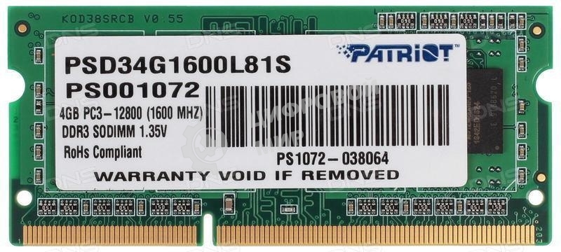 Оперативная память Patriot, DDR3L, 4GB (1x4 GB), 1600 MHz, CL11, SO-DIMM