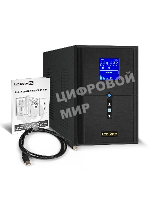Источник бесперебойного питания (инвертор, синус, для котла) ExeGate SineTower SN-2000.LCD.AVR.3SH.1C13.RJ.USB 2000VA/1600W, чистая синусоида, LCD дисплей, AVR, 3*Schuko+1*C13, RJ45/11, USB, линейно-интерактивный, черный