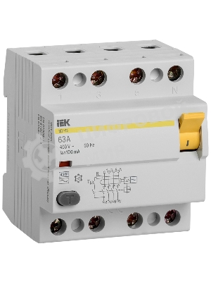 Выключатель дифференциального тока (УЗО) 4п 63А 100мА тип AC ВД1-63 IEK MDV10-4-063-100