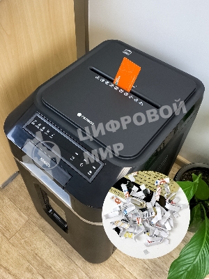 Шредер Heleos АП37-4 черный/серебристый с автоподачей (секр.P-4) фрагменты 220лист. 37лтр. скрепки скобы пл.карты