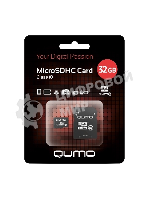 Флеш карта QUMO MicroSDHC 32Gb Сlass 10, адаптер в комплекте SD, черно-красная картонная упаковка