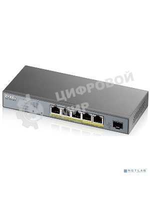 Коммутатор Zyxel GS1350-6HP, 4xGE PoE+, 1xGE PoE++ (802.3bt), 1xSFP, бюджет PoE 60 Вт, дальность передачи питания до 250 м, автоперезагрузка PoE-портов, повышенная защита от перенапряжений и электростатических р