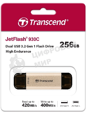 Флешка USB Transcend JETFLASH 930C (TS256GJF930C), 256Mb, USB 3.2 Type-C/Type-A, R/W 420/400, золотистый/черный