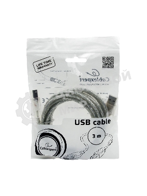Кабель USB2.0 Pro Cablexpert CCF-USB2-AMBM-TR-10, AM/BM, 3м, экран, феррит.кольца, прозрачный, пакет