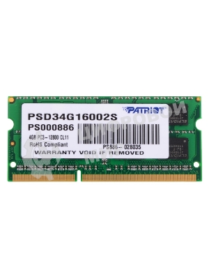 Оперативная память Patriot, DDR3, 4GB, (1x4 GB,), 1600 MHz, CL11, SO-DIMM