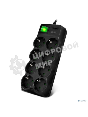 Сетевой фильтр SVEN SF-08E-16 (3 м 8 розеток с защитными шторками,16А) черный, цветная коробка