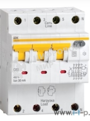 Выключатель автоматический дифференциального тока 4п (3P+N) C 10А 30мА тип A 6кА АВДТ-34 IEK MAD22-6-010-C-30