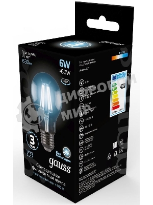 Лампа светодиодная Gauss 102802206LED Filament А60 Е27 6Вт 4100к 1/10/40