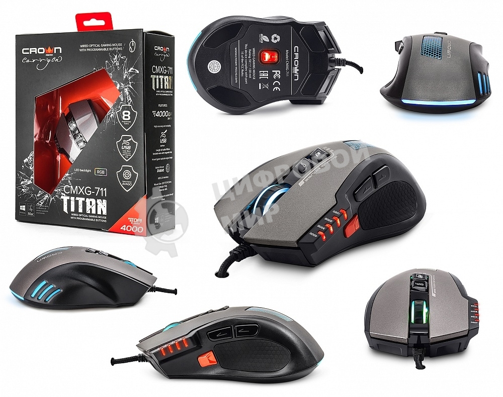 Мышь проводная Crown Gaming CMXG-711 черный, 4000 dpi, USB, кнопки - 8