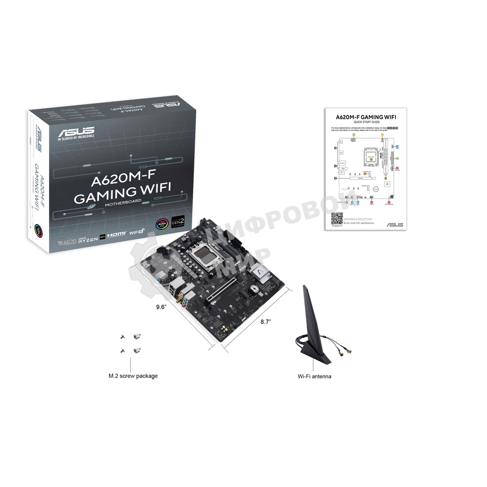 Материнская плата ASUS A620M-F GAMING WIFI, AM5, AMD A620, 2xDDR5, 2xM.2, 1xPCIe 4.0 x16, 1xHDMI, 1x2.5Gb LAN, Wi-Fi 6E, Bluetooth 5.3, 2xUSB-A 5Gbps, 2xUSB-A 2.0, 3x3.5 мм, 7.1, mATX