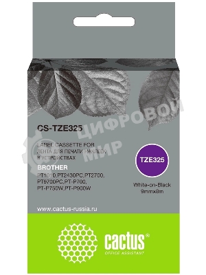 Картридж ленточный Cactus CS-TZE325 TZE-325 белый на черном 9x8 для Brother 1010/1280/1280VP/2700VP