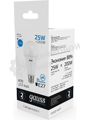 Лампа светодиодная Gauss Elementary 25Вт цок.: E27 груша 220B 6500K св. свеч. белый хол. A67 (упак.: 10 шт)