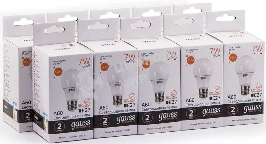Лампа светодиодная Gauss Elementary 7Вт цок.:E27 груша 220B 3000K св.свеч.бел.теп. A60 (упак.:10шт)