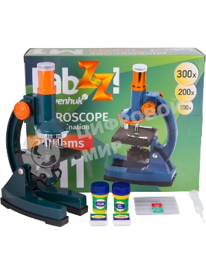 Микроскоп Levenhuk LabZZ M1 монокуляр 100-300 на 3 объектива зеленый/оранжевый