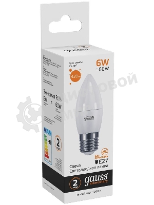 Лампа светодиодная Gauss Elementary 6Вт цок.:E27 свеча 220B 3000K св.свеч.бел.теп. C37 (упак.:10шт)