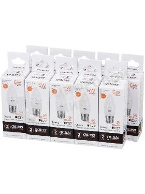 Лампа светодиодная Gauss Elementary 6Вт цок.:E27 свеча 220B 3000K св.свеч.бел.теп. C37 (упак.:10шт)