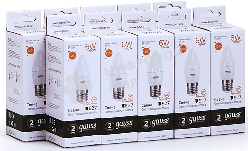 Лампа светодиодная Gauss Elementary 6Вт цок.:E27 свеча 220B 3000K св.свеч.бел.теп. C37 (упак.:10шт)