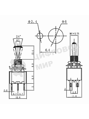 Тумблер Rexant 250V 3А (6c) ON-ON двухполюсный Micro