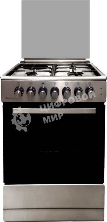 Комбинированная плита De Luxe 606031.12гэ 000(кр)чр нержавеющая стальГазово-электрическая плита, Цвет - нержавеющая сталь, Электророзжиг 3 газовые конфорки 1,0/1,5/3,0 кВт 1 электрическая конфорка 1,5 кВт Основные характеристики духового шкафа: Электрическая духовка Нижний ТЭН - 1,1 кВт ТЭН верхний/гриль - 1,3 кВт/1,8 кВ   тТерморегулятор Гриль Механический таймер Освещение Объём духовки 58 л.  Комплектация: Большой противень Малый противень Решётка для жарки Чугунные решётка рабочего стола Стеклянная крышка рабочего стола Хозяйственный отсек