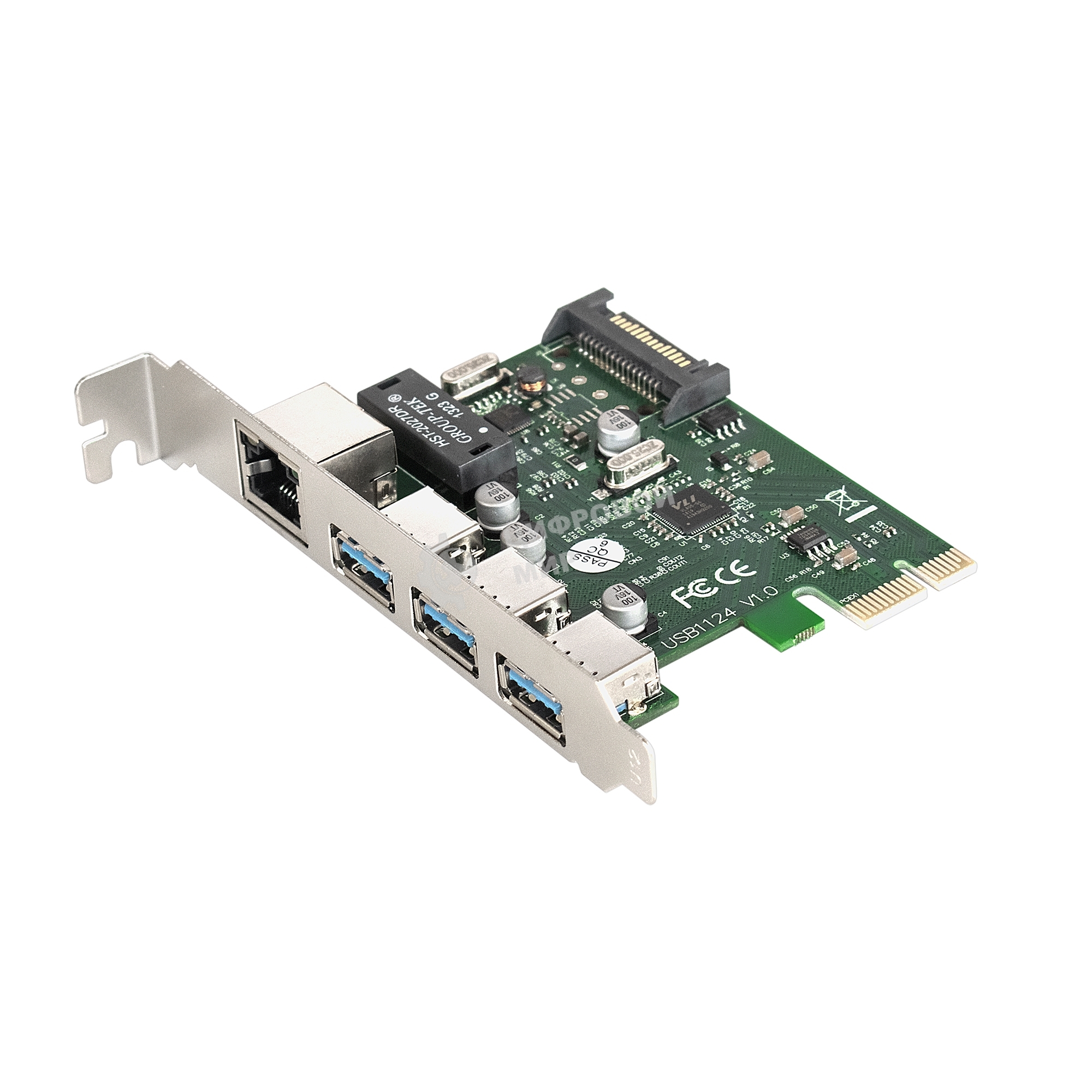 Контроллер сетевой ExeGate EXE-361 PCI-E 2.0, 3*USB 3.0 ext + LAN UTP 1000Mbps, раз.доп.пит.OEM)