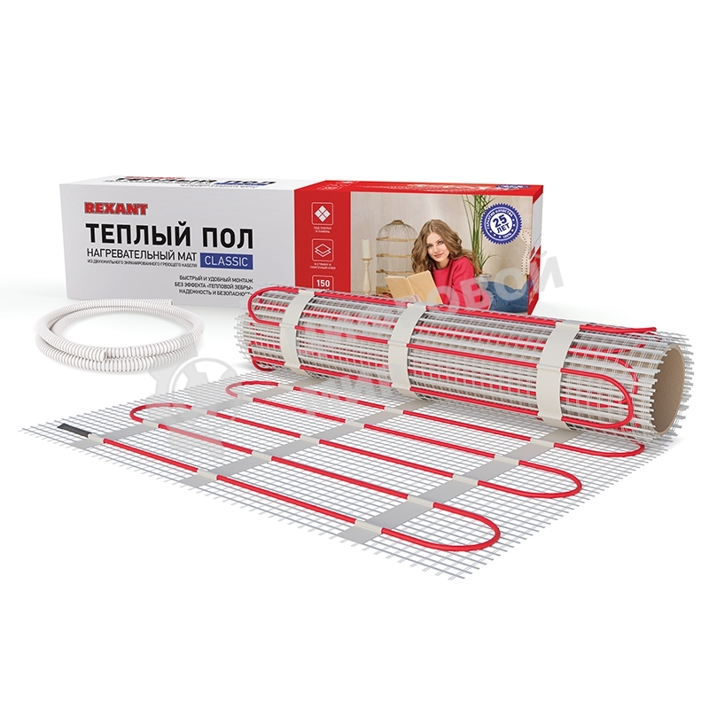 Теплый пол (нагревательный мат) Rexant Classic RNX -9,0-1350 (площадь 9,0 м2 (0,5 х 18,0 м)), 1350 Вт, двухжильный с экраном