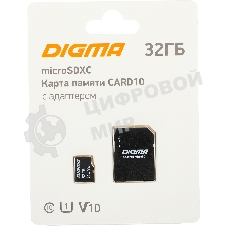 Флеш карта microSDXC 32Gb Class10 Digma CARD10 + adapter