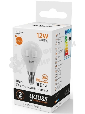 Лампа светодиодная Gauss Elementary 12Вт цок.: E14 шар 220B 3000K св. свеч. бел. теп. (упак.: 10 шт) (53112)